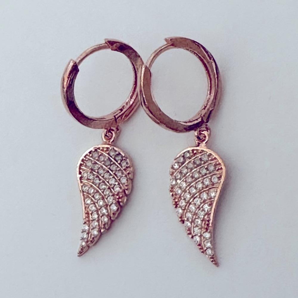 925 Silver angel wing cz dangle hoop earrings 14k rose gold plated